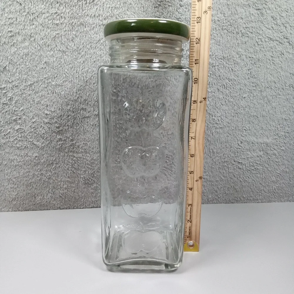 Vintage Tall Square Glass Apple Canister Embossed Fruit Jar Ceramic Lid 12.5in‎